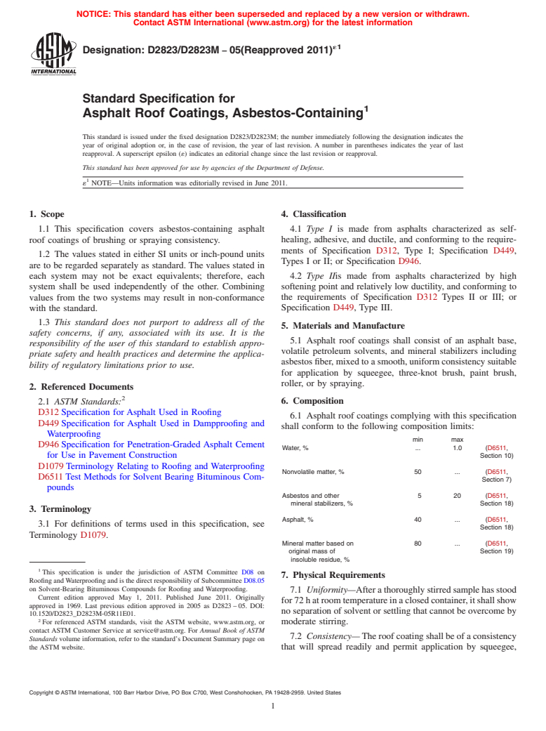 ASTM D2823/D2823M-05(2011)e1 - Standard Specification for Asphalt Roof Coatings, Asbestos Containing (Withdrawn 2014)