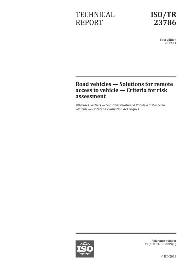 ISO/TR 23786:2019 - Road vehicles -- Solutions for remote access to vehicle -- Criteria for risk assessment