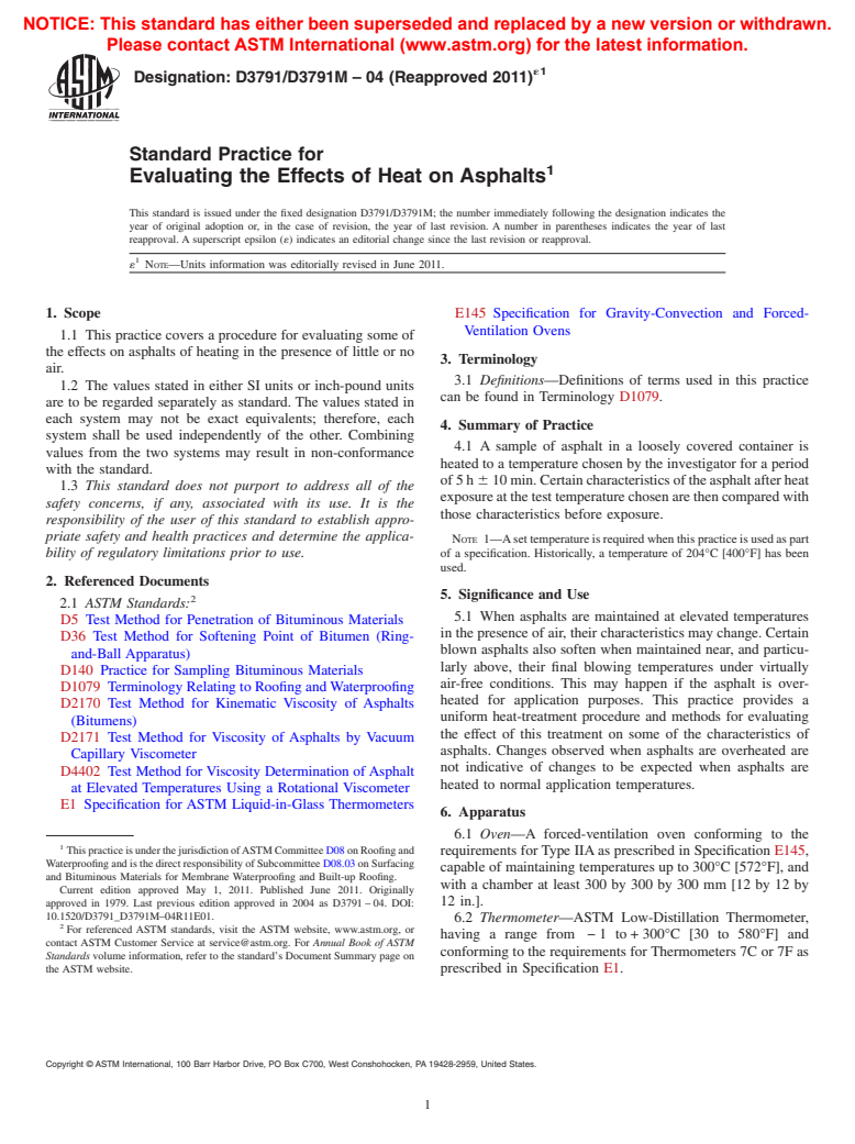 ASTM D3791/D3791M-04(2011)e1 - Standard Practice for Evaluating the Effects of Heat on Asphalts