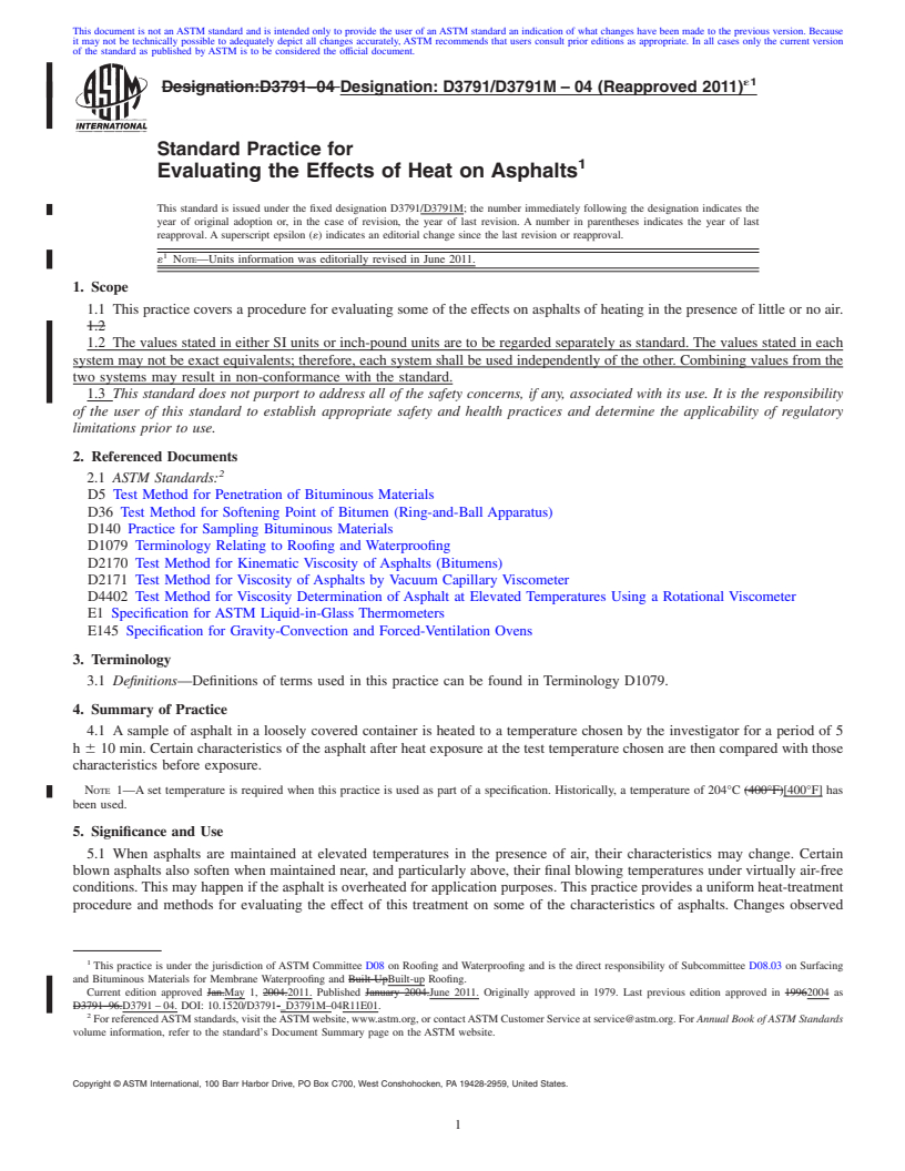 REDLINE ASTM D3791/D3791M-04(2011)e1 - Standard Practice for Evaluating the Effects of Heat on Asphalts