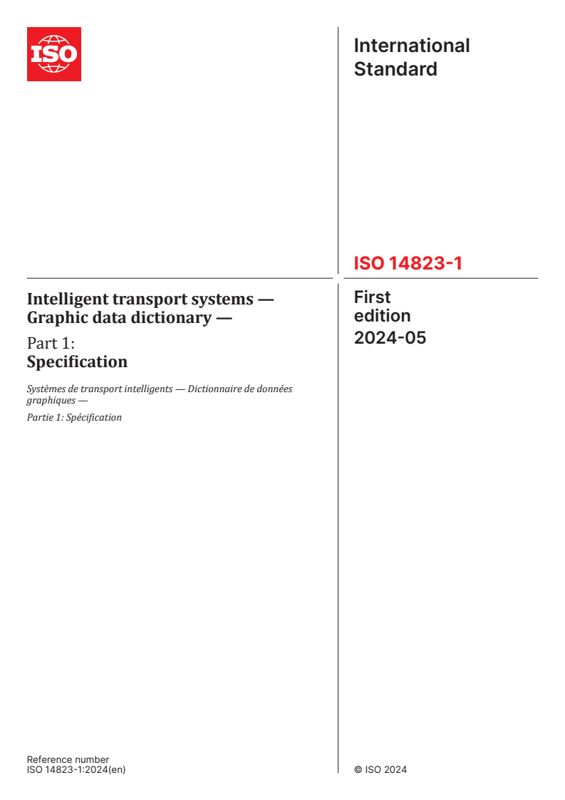 ISO 14823-1:2024 - Intelligent transport systems — Graphic data dictionary — Part 1: Specification
Released:13. 05. 2024