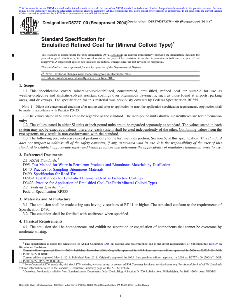 REDLINE ASTM D5727/D5727M-00(2011)e1 - Standard Specification for Emulsified Refined Coal Tar (Mineral Colloid Type)