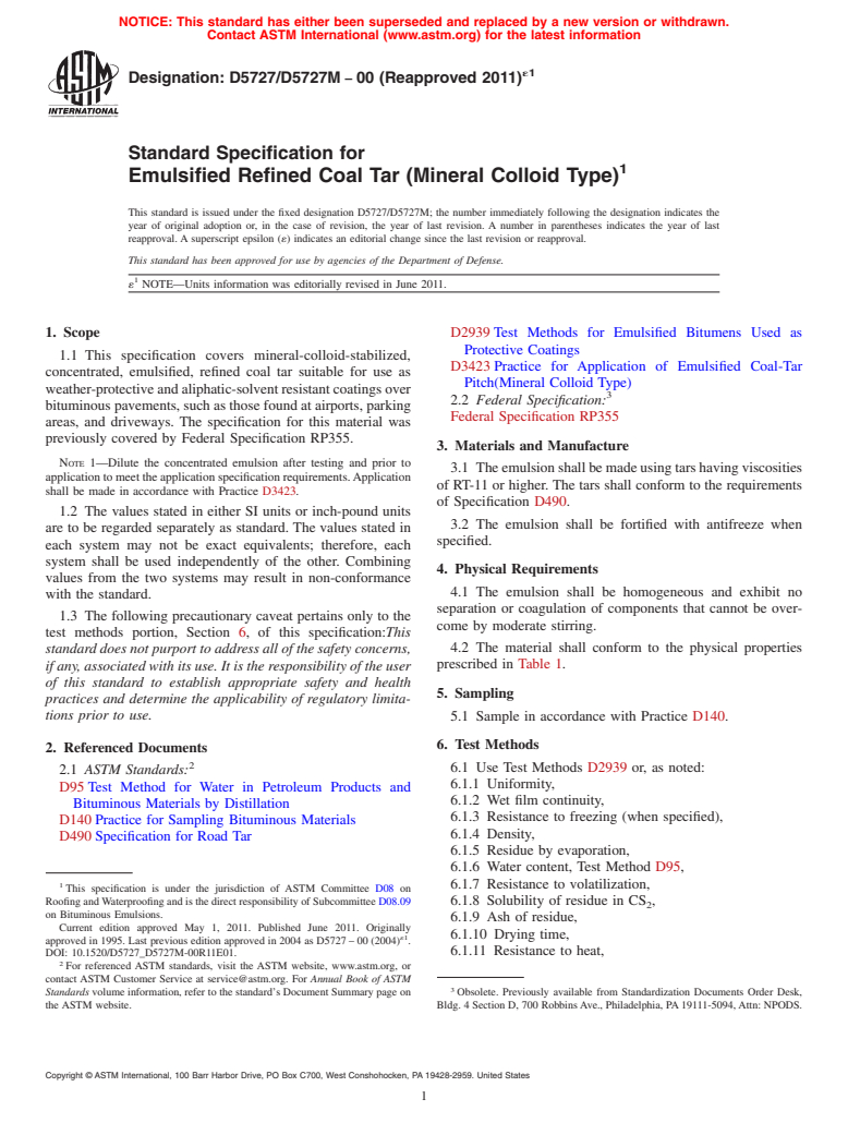 ASTM D5727/D5727M-00(2011)e1 - Standard Specification for Emulsified Refined Coal Tar (Mineral Colloid Type)