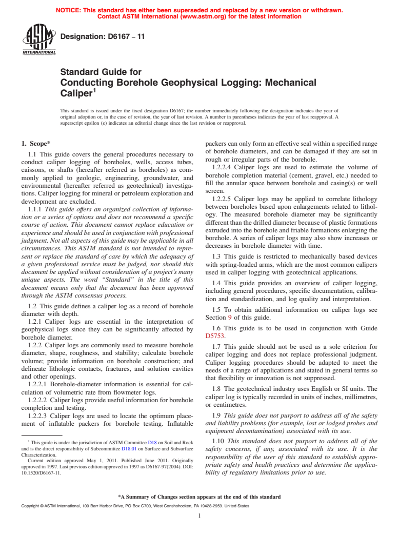 ASTM D6167-11 - Standard Guide for Conducting Borehole Geophysical Logging: Mechanical Caliper