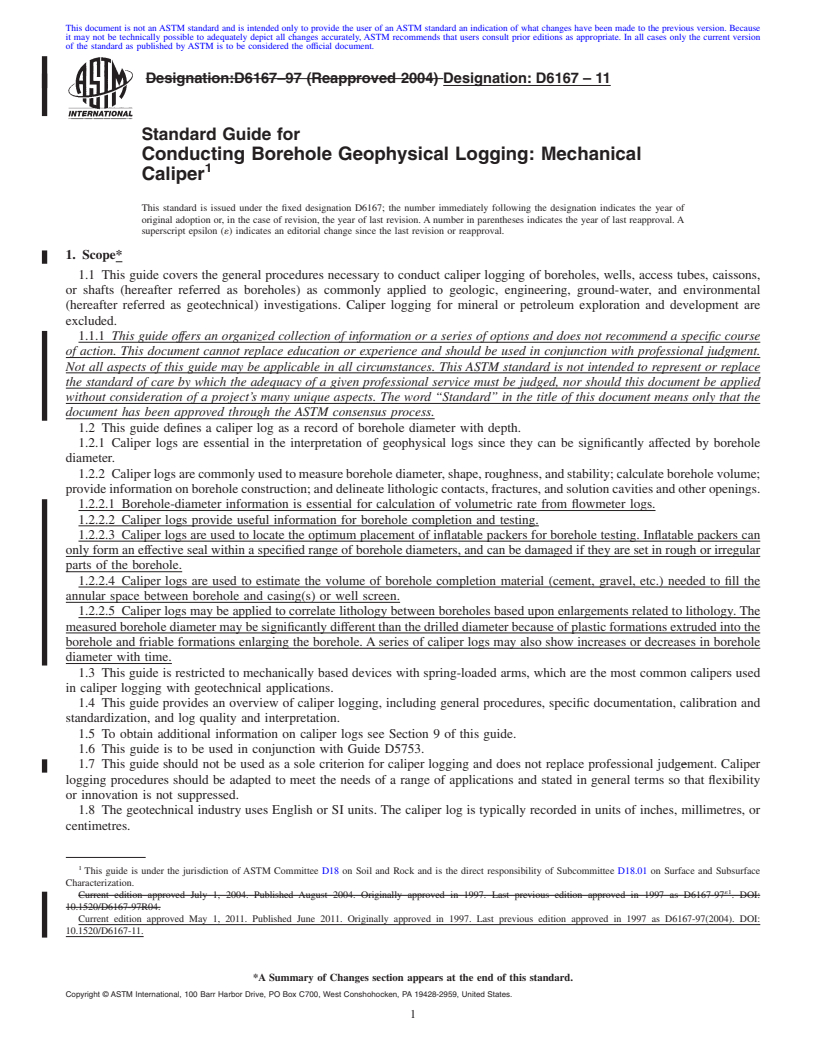 REDLINE ASTM D6167-11 - Standard Guide for Conducting Borehole Geophysical Logging: Mechanical Caliper