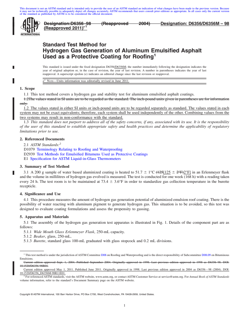 REDLINE ASTM D6356/D6356M-98(2011)e1 - Standard Test Method for Hydrogen Gas Generation of Aluminum Emulsified Asphalt Used as a Protective Coating for Roofing