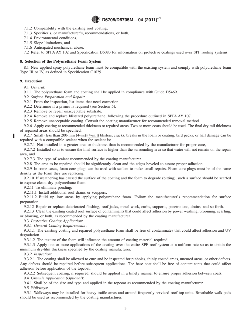 REDLINE ASTM D6705/D6705M-04(2011)e1 - Standard Guide for the Repair and Recoat of Sprayed Polyurethane Foam Roofing Systems