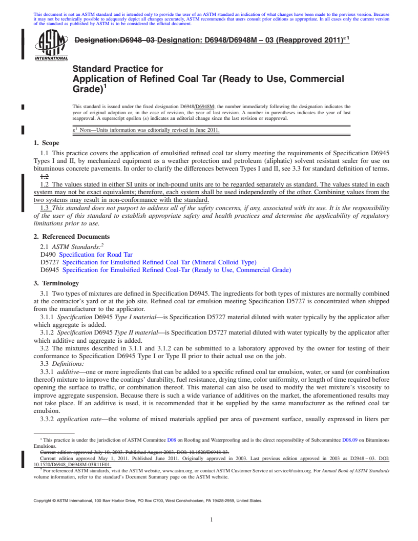 REDLINE ASTM D6948/D6948M-03(2011)e1 - Standard Practice for Application of Refined Coal Tar (Ready to Use, Commercial Grade)