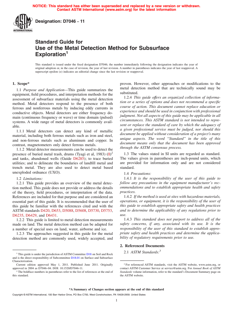 ASTM D7046-11 - Standard Guide for Use of the Metal Detection Method for Subsurface Exploration (Withdrawn 2020)