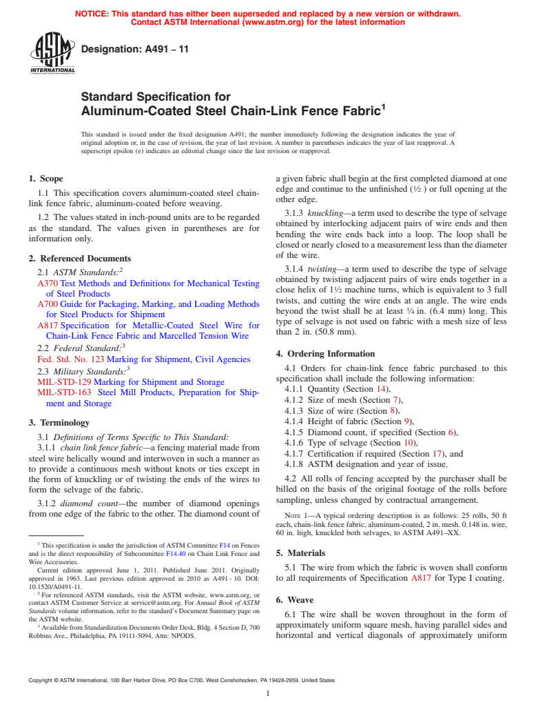 ASTM A491-11 - Standard Specification for Aluminum-Coated Steel Chain-Link Fence Fabric