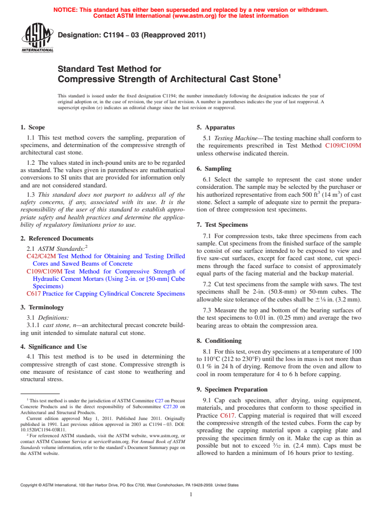 ASTM C1194-03(2011) - Standard Test Method for Compressive Strength of Architectural Cast Stone