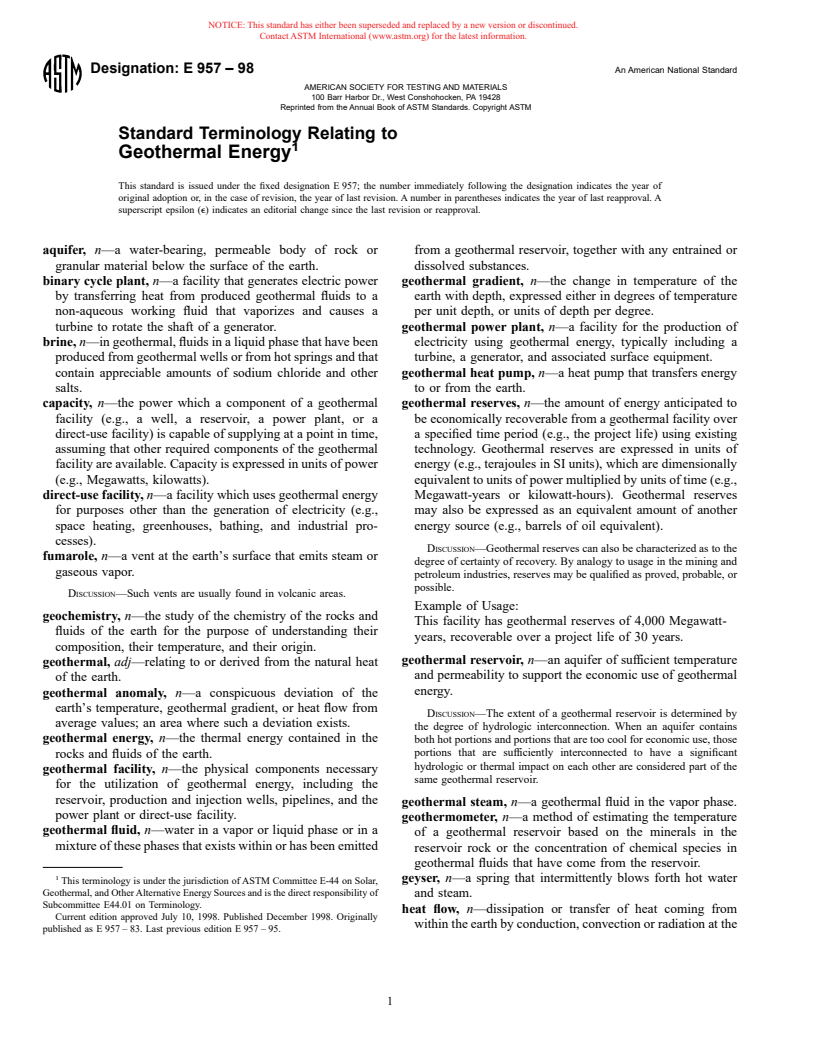 ASTM E957-98 - Standard Terminology Relating to Geothermal Energy