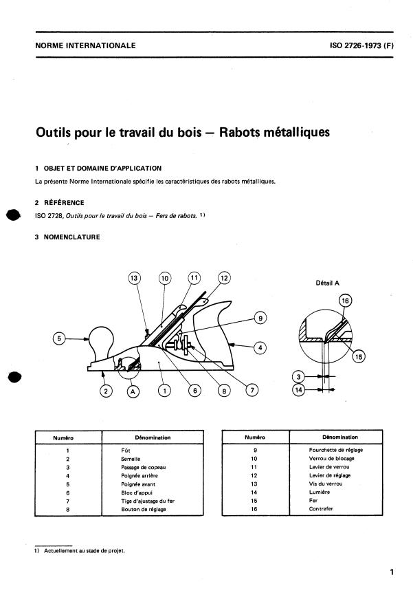 ISO 2726:1973 - Outils pour le travail du bois -- Rabots métalliques