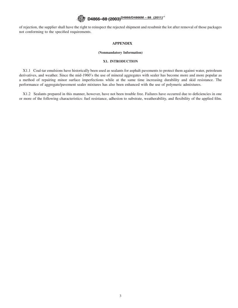 REDLINE ASTM D4866/D4866M-88(2011)e1 - Standard Performance Specification for Coal Tar Pitch Emulsion Pavement Sealer Mix Formulations Containing Mineral Aggregates and Optional Polymeric Admixtures