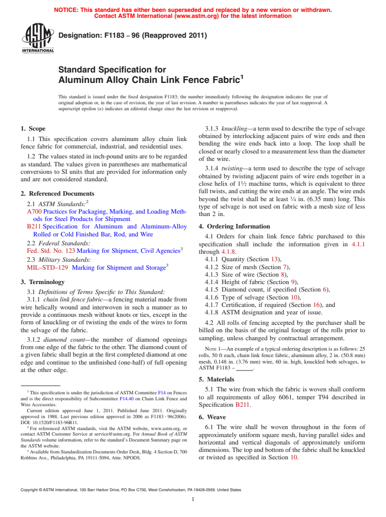 ASTM F1183-96(2011) - Standard Specification for Aluminum Alloy Chain Link Fence Fabric