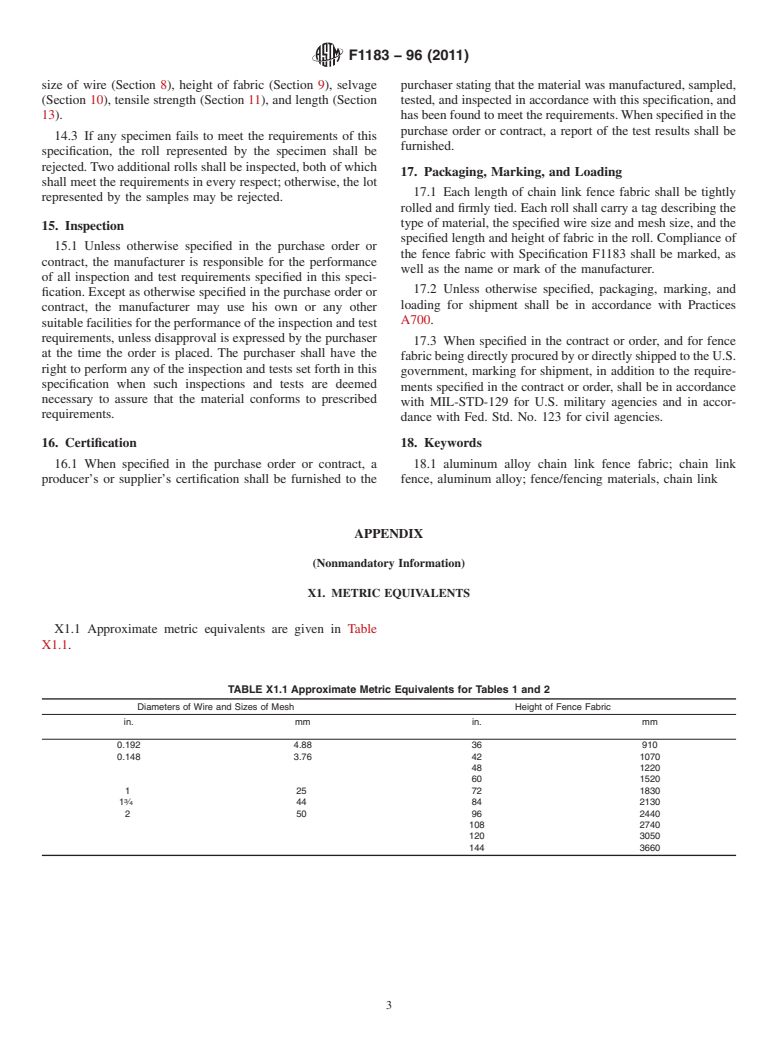 ASTM F1183-96(2011) - Standard Specification for Aluminum Alloy Chain Link Fence Fabric