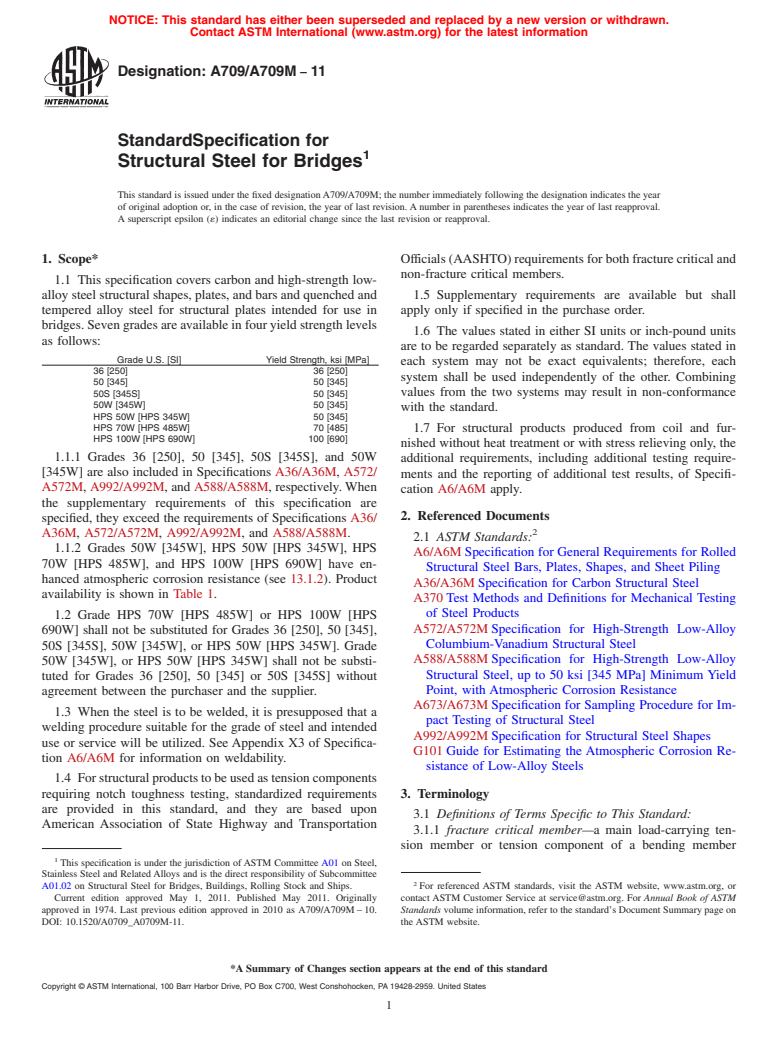 ASTM A709/A709M-11 - Standard Specification for  Structural Steel for Bridges