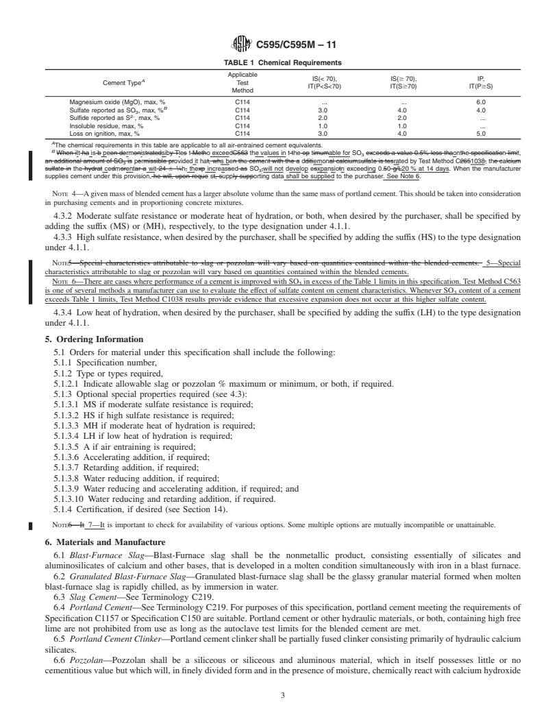 REDLINE ASTM C595/C595M-11 - Standard Specification for  Blended Hydraulic Cements