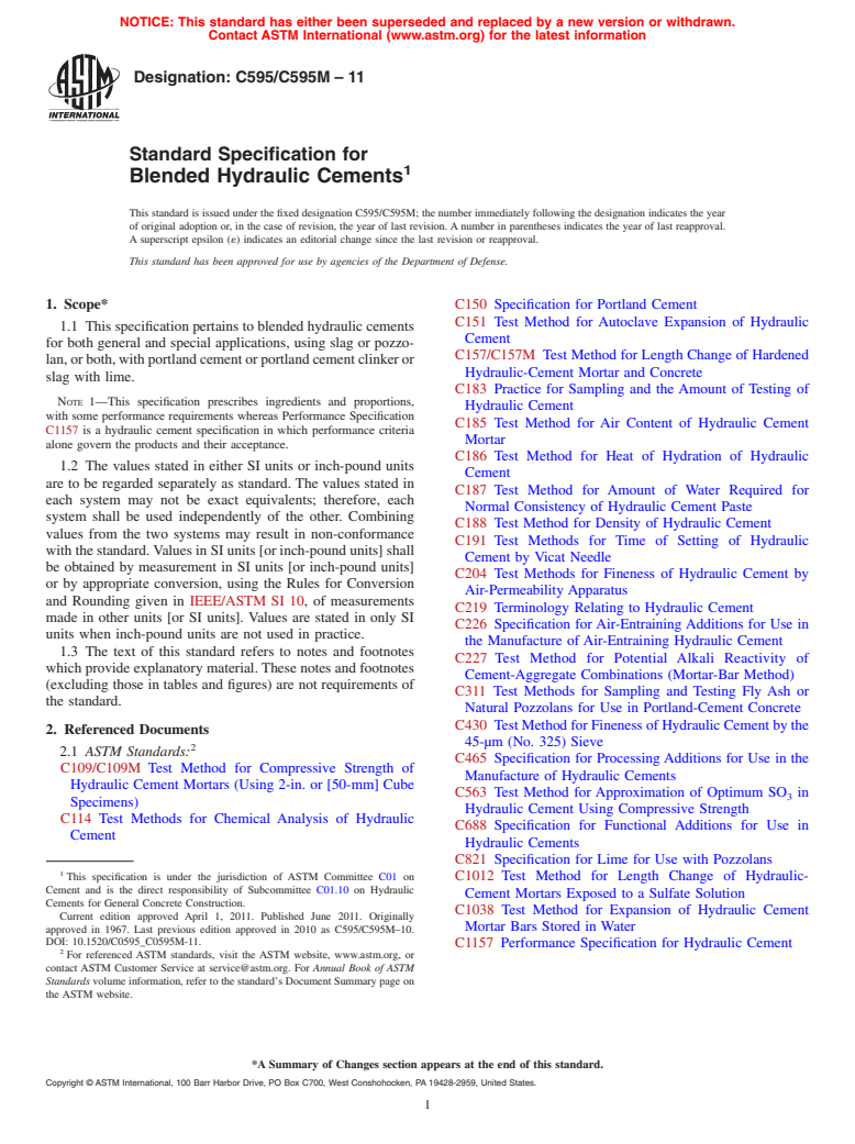 ASTM C595/C595M-11 - Standard Specification for  Blended Hydraulic Cements