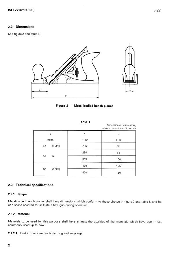 ISO 2726:1995 ISO 2726:1995 - Woodworking tools -- Metal-bodied bench planes, plane cutters and cap irons - Page 4 preview