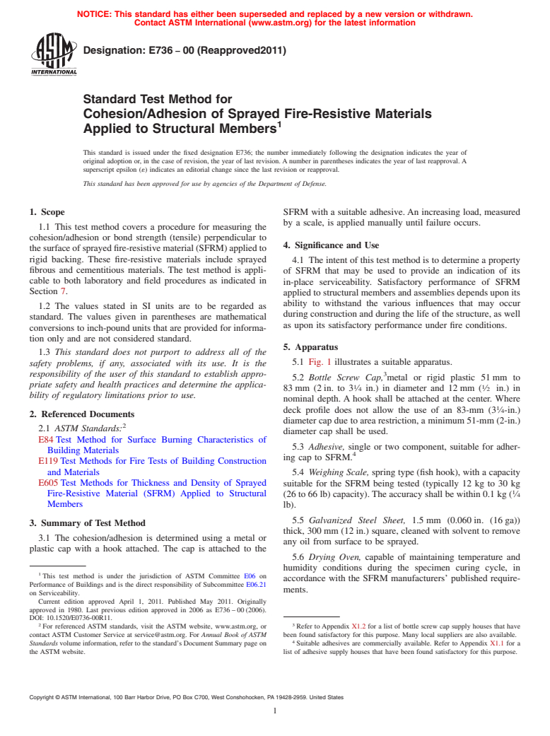 ASTM E736-00(2011) - Standard Test Method for Cohesion/Adhesion of Sprayed Fire-Resistive Materials Applied to Structural Members