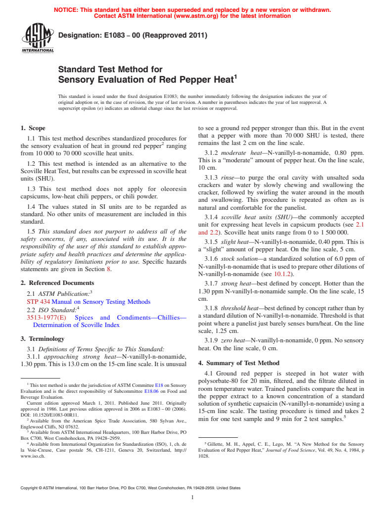 ASTM E1083-00(2011) - Standard Test Method for Sensory Evaluation of Red Pepper Heat