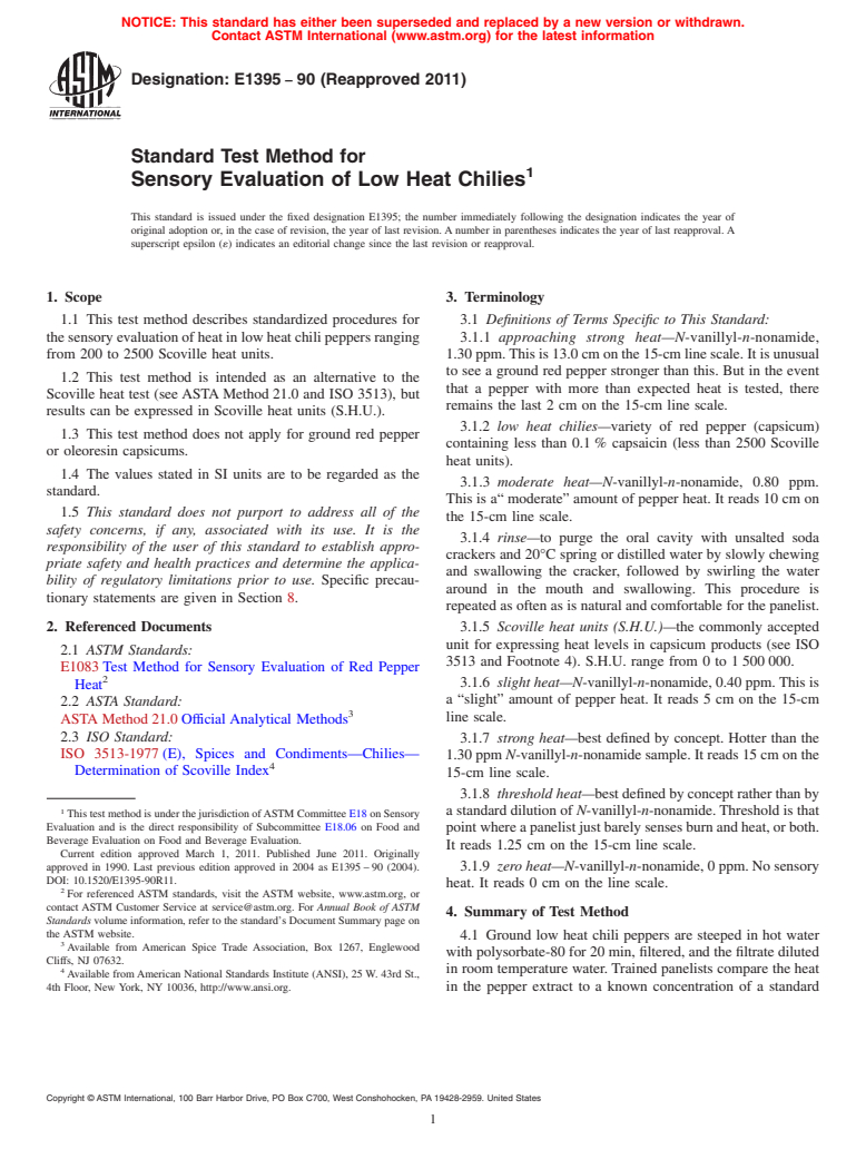 ASTM E1395-90(2011) - Standard Test Method for Sensory Evaluation of Low Heat Chilies