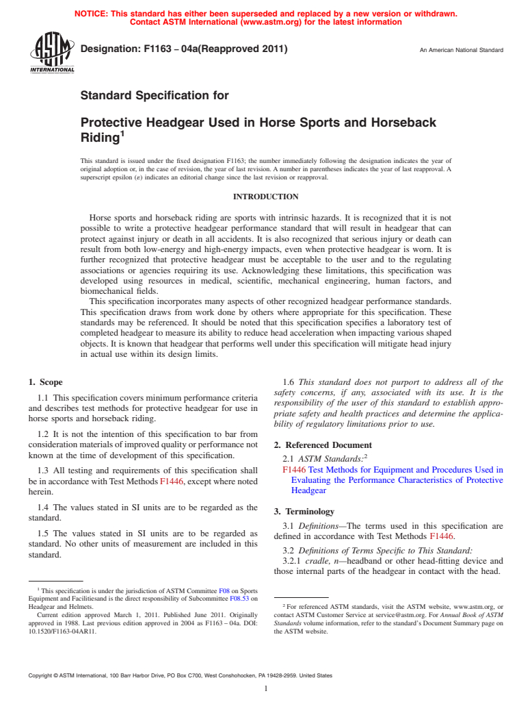 ASTM F1163-04a(2011) - Standard Specification for Protective Headgear Used in Horse Sports and Horseback Riding