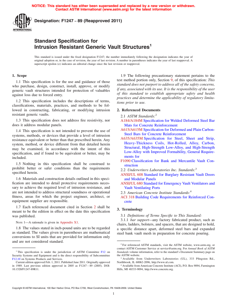 ASTM F1247-89(2011) - Standard Specification for Intrusion Resistant Generic Vault Structures