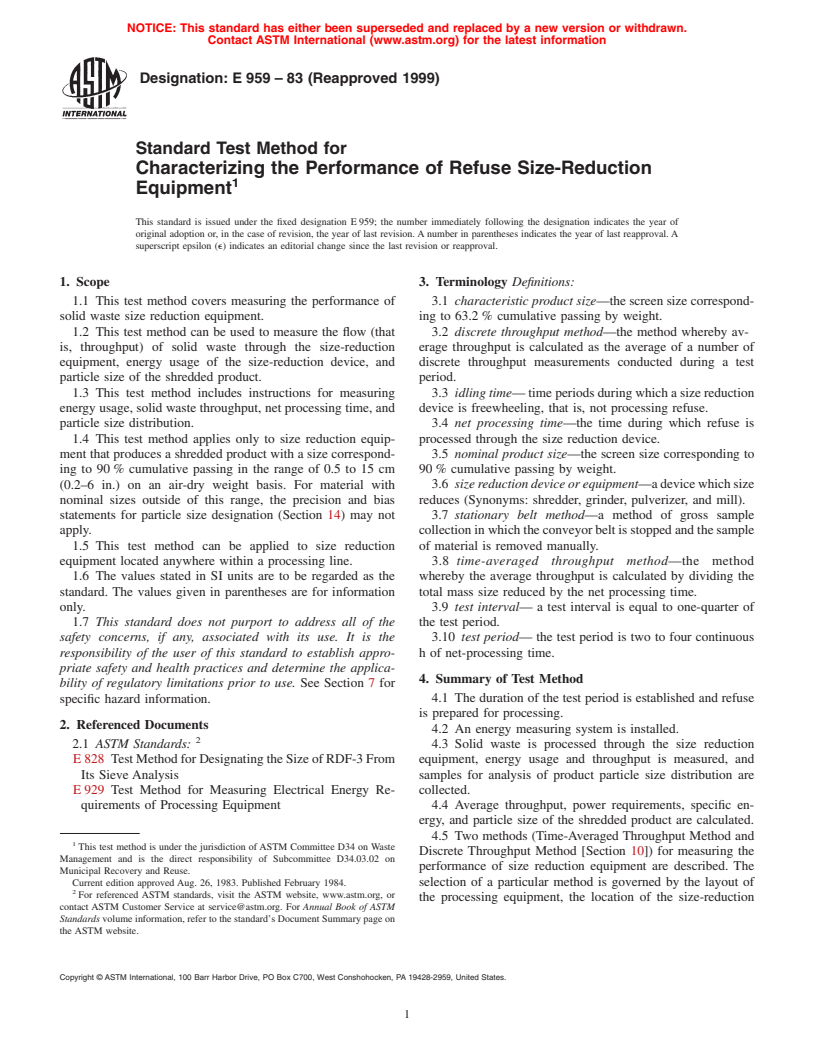 ASTM E959-83(1999) - Standard Test Method for Characterizing the Performance of Refuse Size-Reduction Equipment