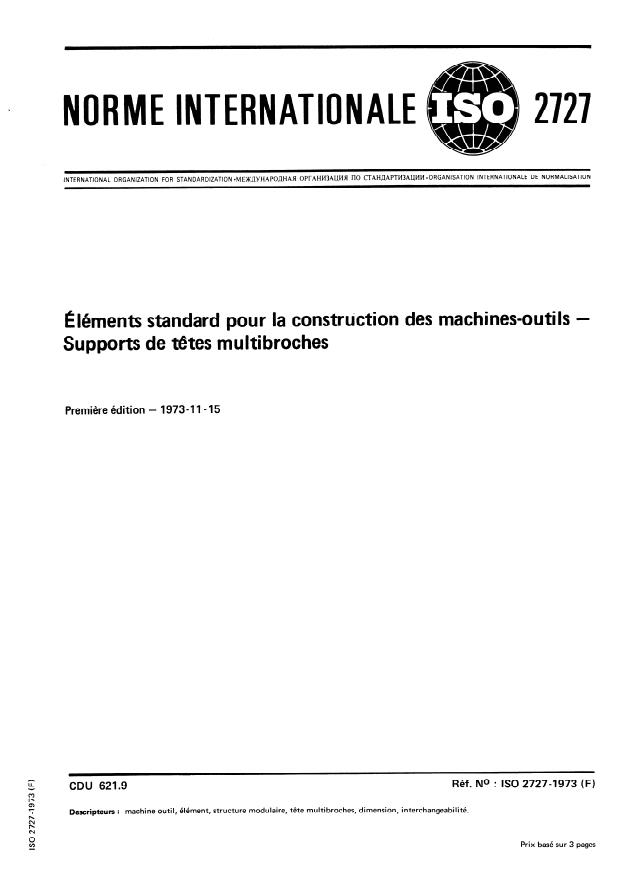 ISO 2727:1973 - Éléments standard pour la construction des machines-outils -- Supports de tetes multibroches
