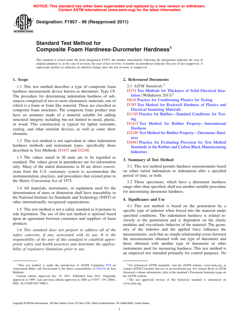 ASTM F1957-99(2011) - Standard Test Method for Composite Foam Hardness-Durometer Hardness