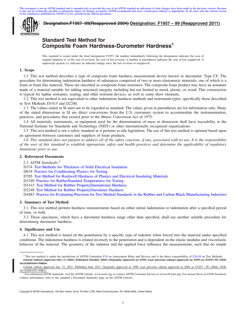 REDLINE ASTM F1957-99(2011) - Standard Test Method for Composite Foam Hardness-Durometer Hardness