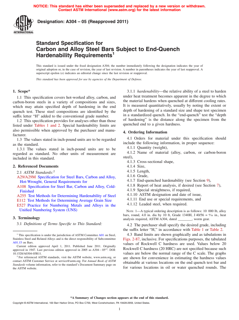 ASTM A304-05(2011) - Standard Specification for Carbon and Alloy Steel Bars Subject to End-Quench Hardenability Requirements