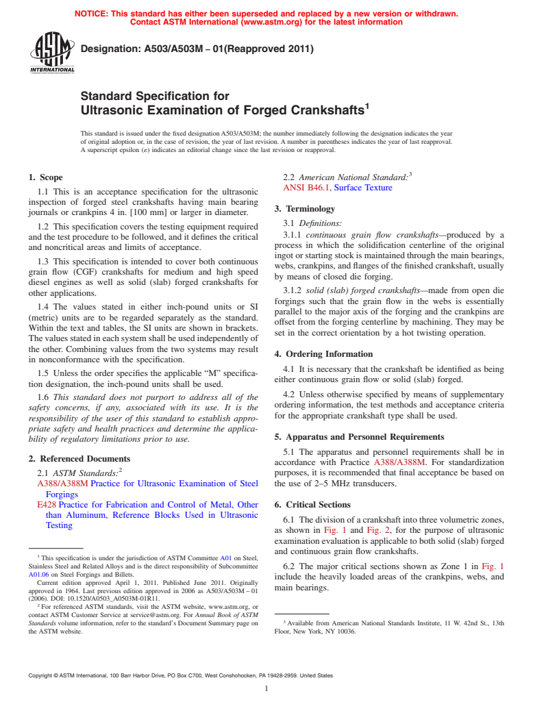 ASTM A503/A503M-01(2011) - Standard Specification for Ultrasonic Examination of Forged Crankshafts