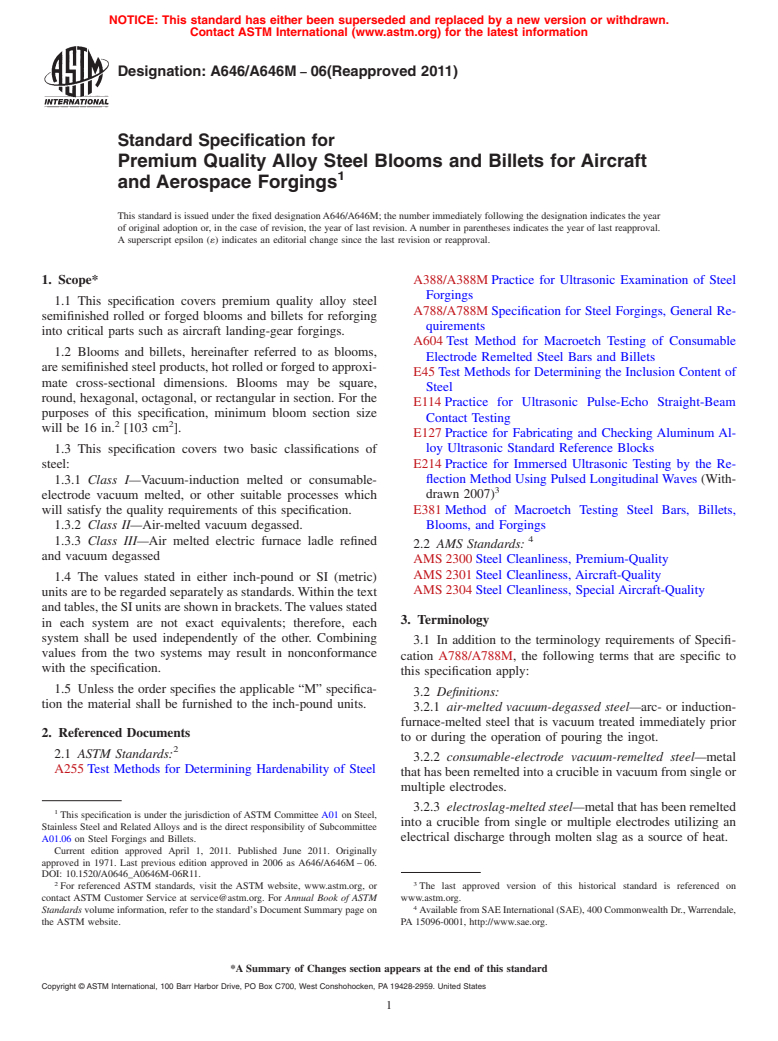 ASTM A646/A646M-06(2011) - Standard Specification for Premium Quality Alloy Steel Blooms and Billets for Aircraft and Aerospace Forgings