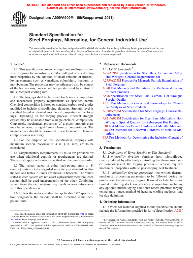 ASTM A909/A909M-06(2011) - Standard Specification for Steel Forgings, Microalloy, for General Industrial Use