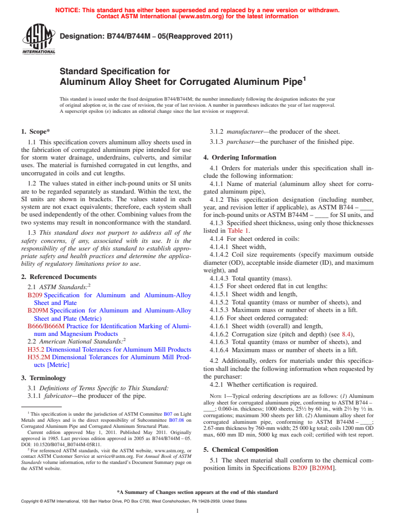 ASTM B744/B744M-05(2011) - Standard Specification for Aluminum Alloy Sheet for Corrugated Aluminum Pipe