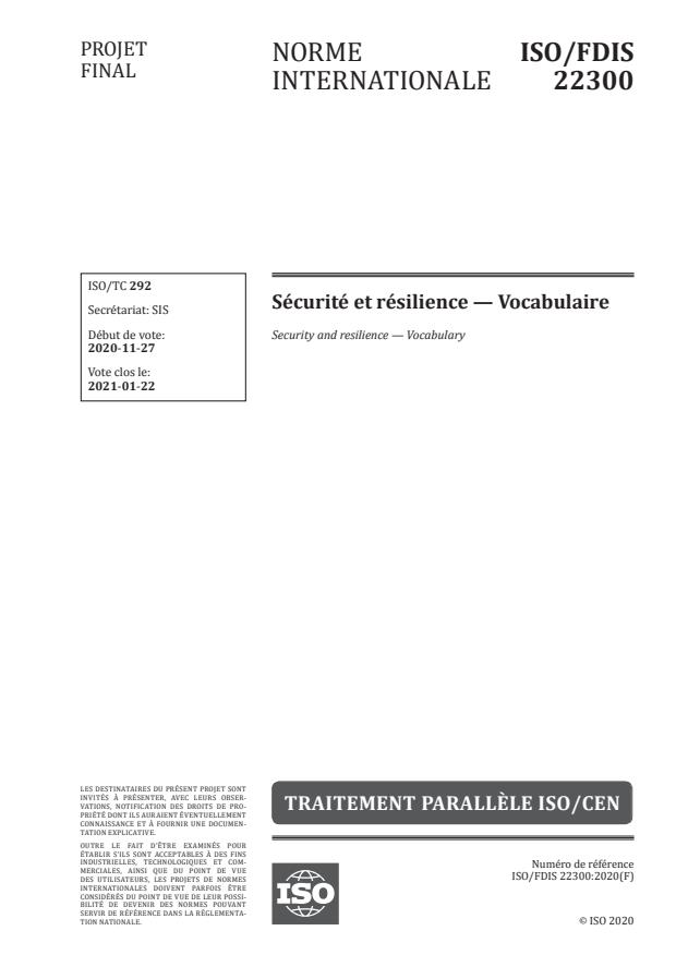 ISO/FDIS 22300:Version 16-jan-2021 - Sécurité et résilience -- Vocabulaire