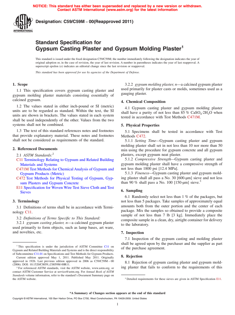 ASTM C59/C59M-00(2011) - Standard Specification for Gypsum Casting Plaster and Gypsum Molding Plaster