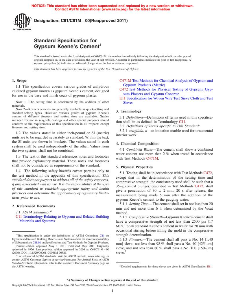 ASTM C61/C61M-00(2011) - Standard Specification for Gypsum Keene's Cement