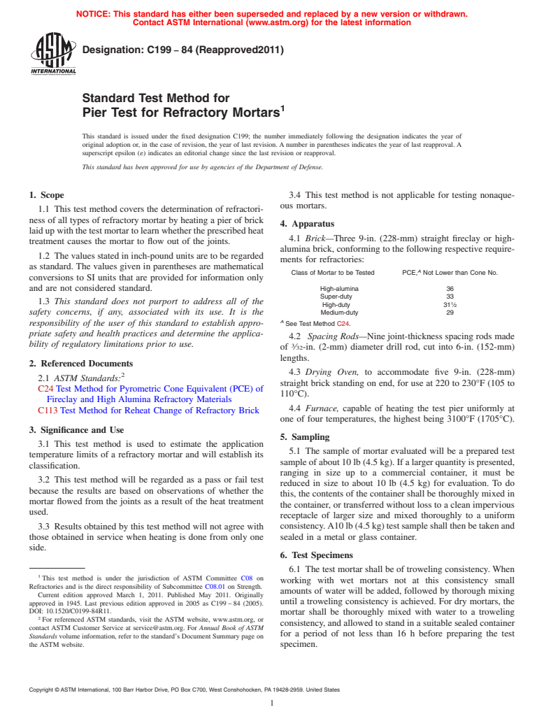ASTM C199-84(2011) - Standard Test Method for Pier Test for Refractory Mortars