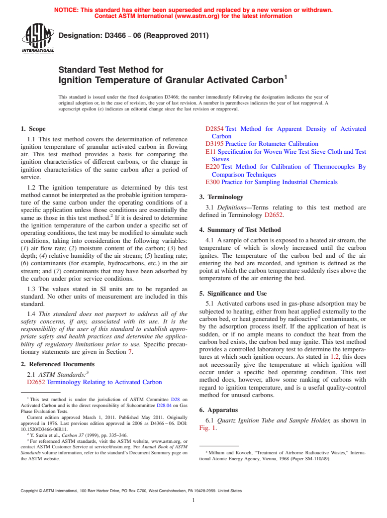 ASTM D3466-06(2011) - Standard Test Method for Ignition Temperature of Granular Activated Carbon