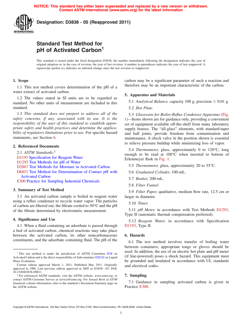 ASTM D3838-05(2011) - Standard Test Method for pH of Activated Carbon