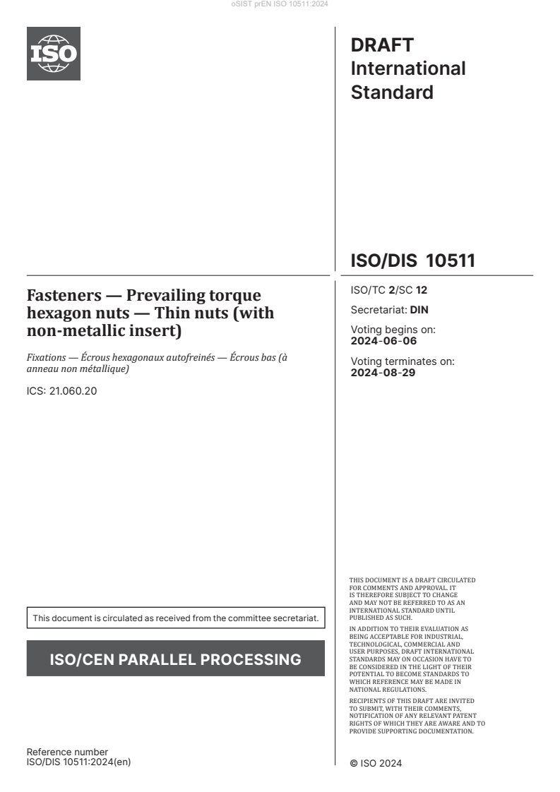 prEN ISO 10511 - Fasteners - Prevailing torque hexagon nuts - Thin nuts ...