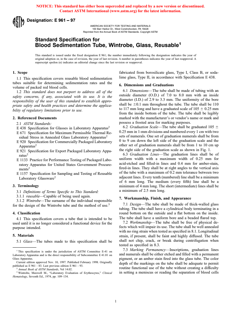 ASTM E961-97 - Standard Specification for Blood Sedimentation Tube, Wintrobe, Glass, Reusable