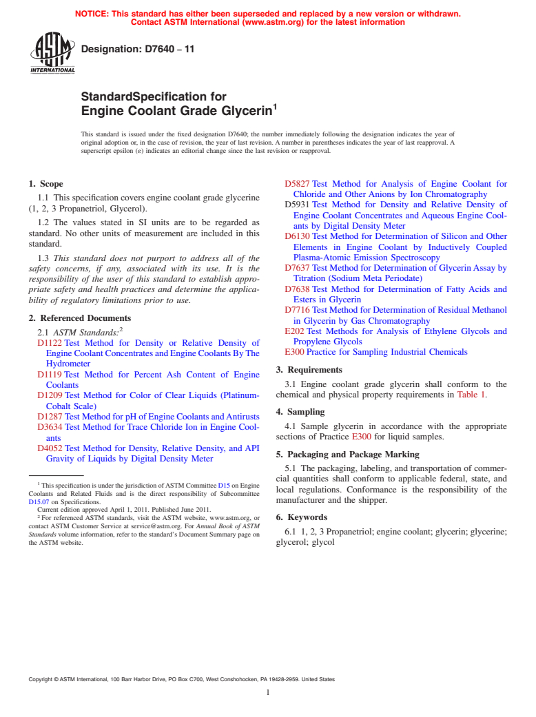 ASTM D7640-11 - Standard Specification for Engine Coolant Grade Glycerin