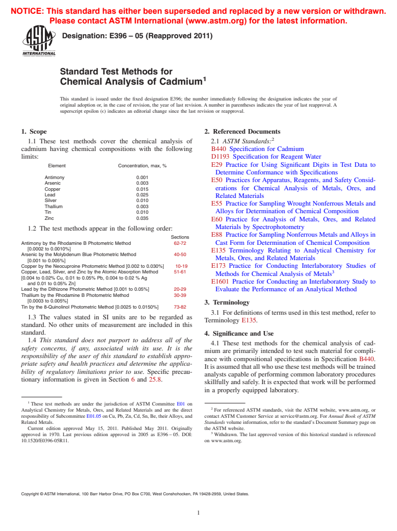 ASTM E396-05(2011) - Standard Test Methods for Chemical Analysis of Cadmium