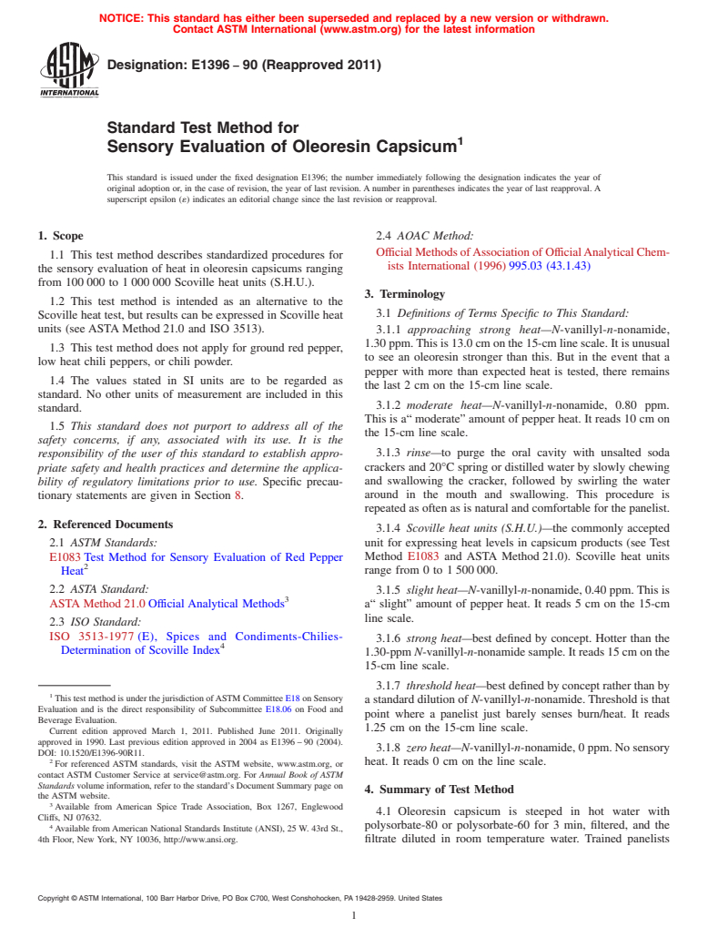 ASTM E1396-90(2011) - Standard Test Method for Sensory Evaluation of Oleoresin Capsicum