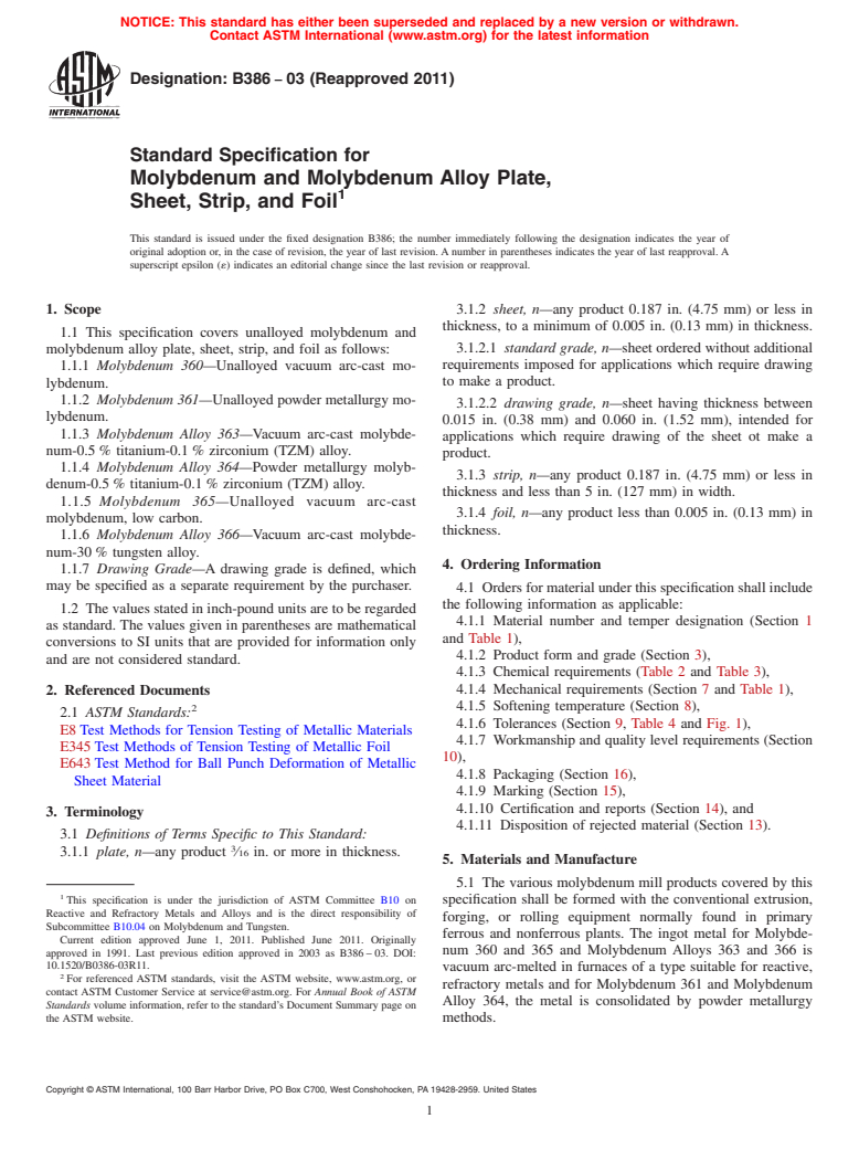 ASTM B386-03(2011) - Standard Specification for Molybdenum and Molybdenum Alloy Plate, Sheet, Strip, and Foil